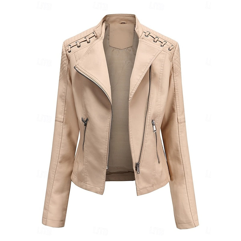 Bikerjacke Damen schwarz figurbetont mit Reißverschluss und Steppdetails - 10 - Atelier-Zofia