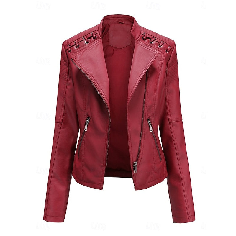 Bikerjacke Damen schwarz figurbetont mit Reißverschluss und Steppdetails - 11 - Atelier-Zofia