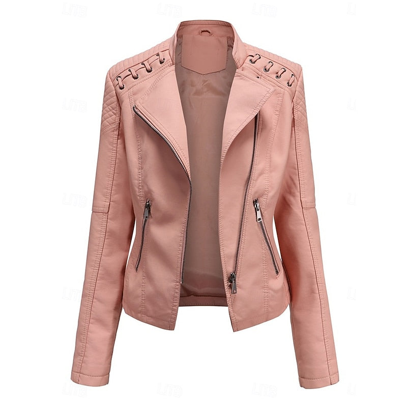 Bikerjacke Damen schwarz figurbetont mit Reißverschluss und Steppdetails - 12 - Atelier-Zofia