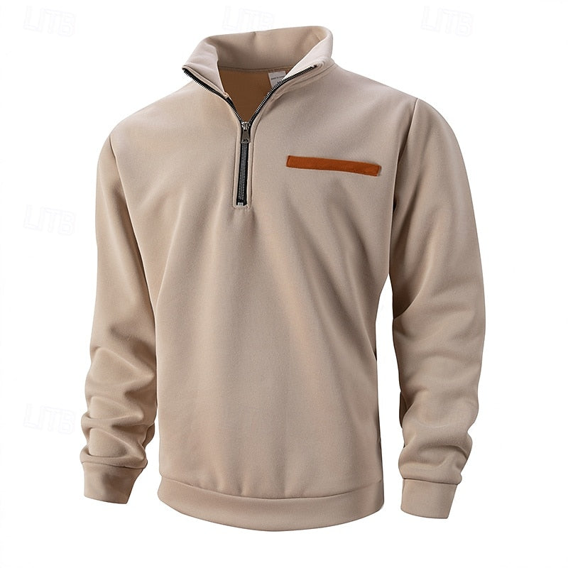 Pullover Herren beige mit Stehkragen und Reißverschluss - 1 - Atelier-Zofia
