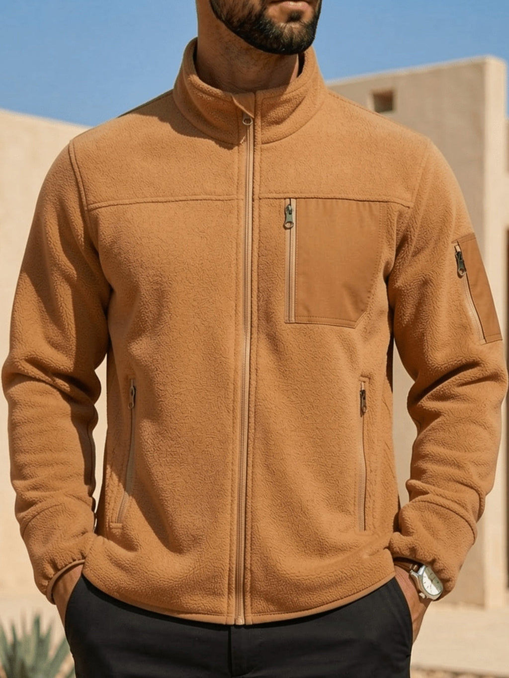 Jacke Herren braun tailliert mit Stehkragen und praktischen Taschen - 3 - Atelier-Zofia