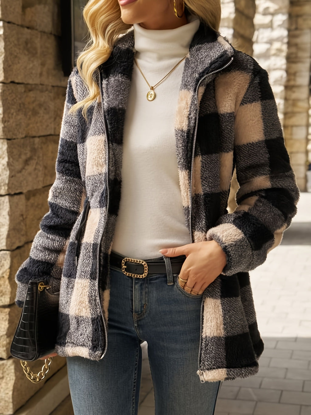 Jacke Damen schwarz-beige mit tailliertem Schnitt und Kapuze - 2 - Atelier-Zofia