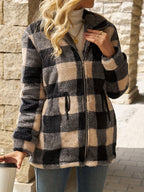 Jacke Damen schwarz-beige mit tailliertem Schnitt und Kapuze - 5 - Atelier-Zofia