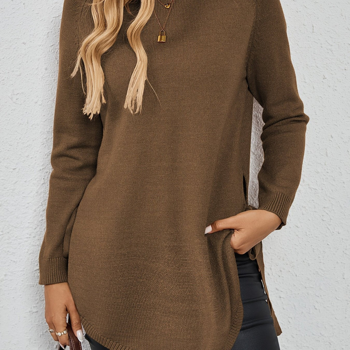 Pullover Damen dunkelrot mit seitlichen Bändern und langen Ärmeln - 11 - Atelier-Zofia