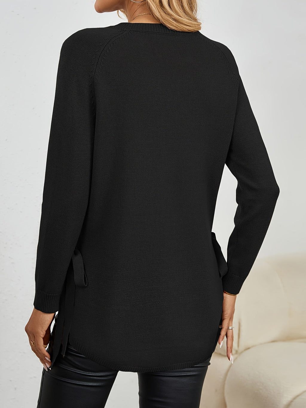 Pullover Damen dunkelrot mit seitlichen Bändern und langen Ärmeln - 25 - Atelier-Zofia