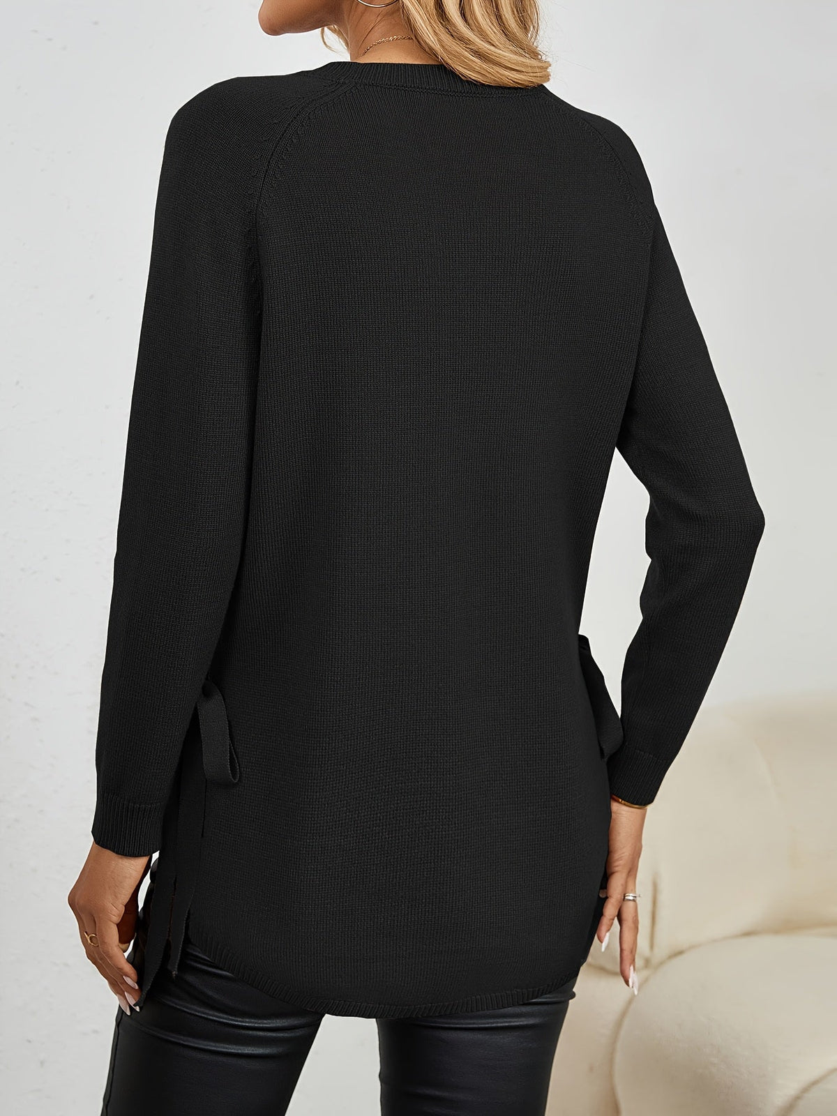Pullover Damen dunkelrot mit seitlichen Bändern und langen Ärmeln - 25 - Atelier-Zofia