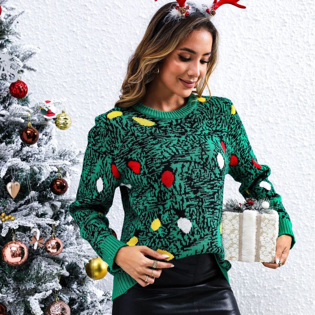Pullover Damen grün figurbetont mit festlichem Muster - 3 - Atelier-Zofia