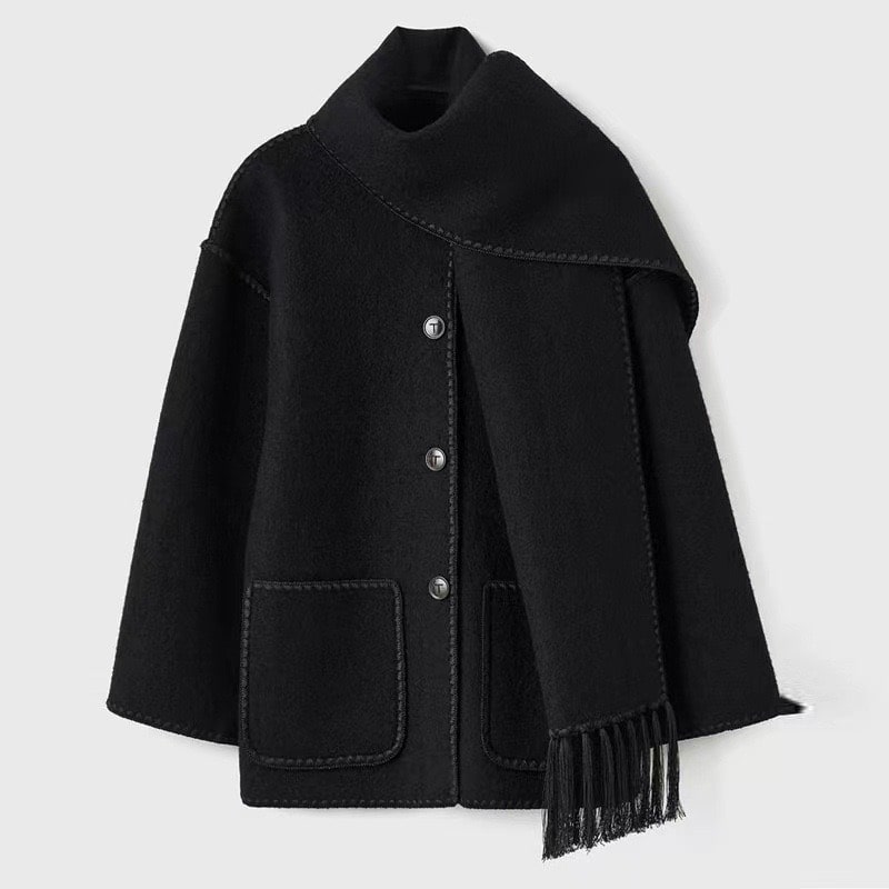 Jacke Damen schwarz weit mit Taschen und Fransen - 8 - Atelier-Zofia