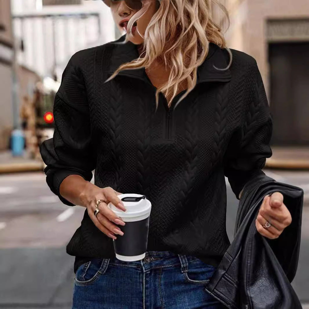 Pullover Damen schwarz figurbetont mit Reißverschluss und Zopfmuster - 6 - Atelier-Zofia