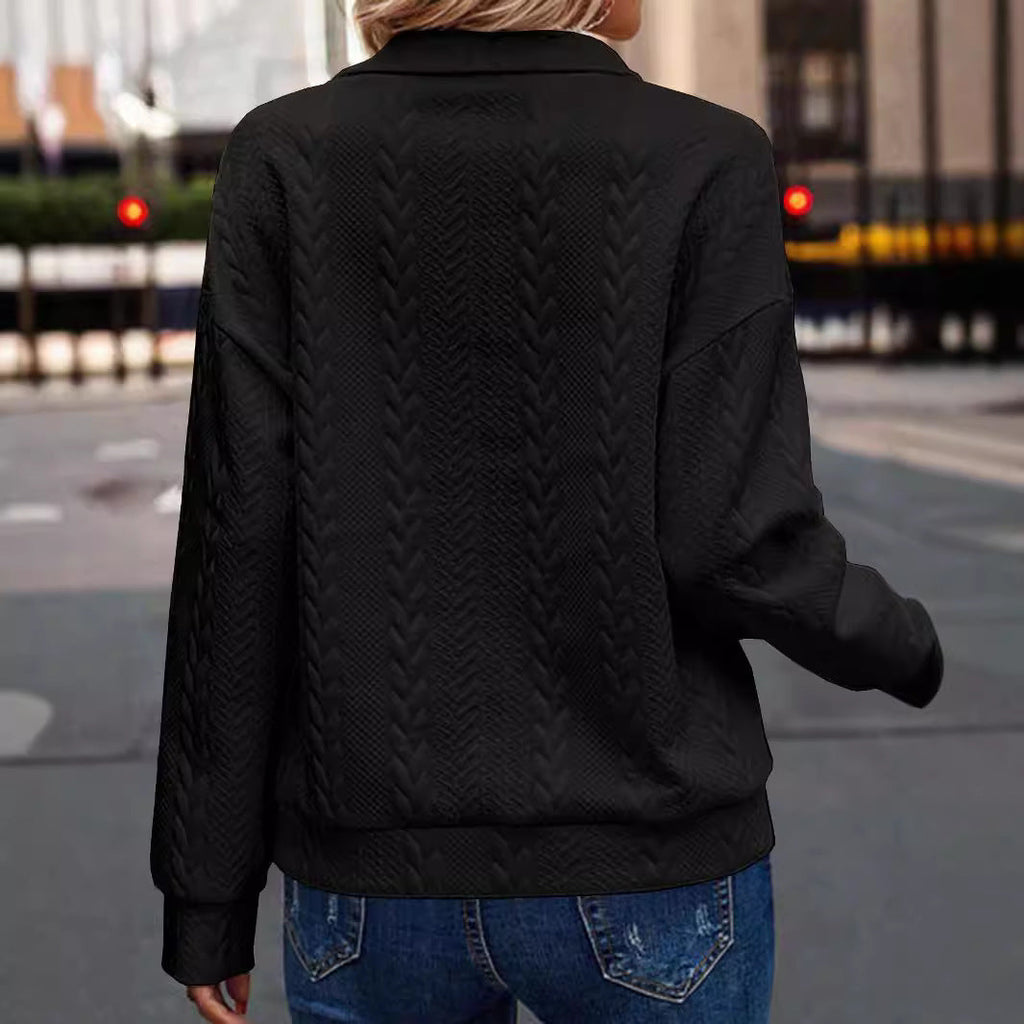 Pullover Damen schwarz figurbetont mit Reißverschluss und Zopfmuster - 7 - Atelier-Zofia