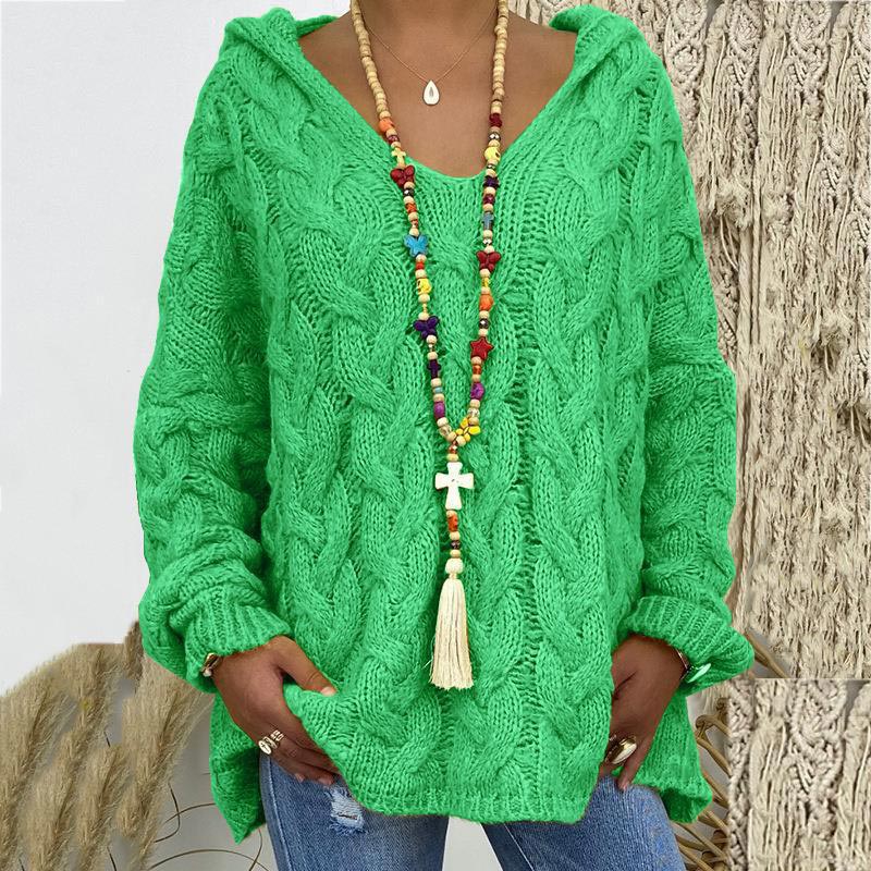 Pullover Damen grün lässig mit Kapuze und V-Ausschnitt - 1 - Atelier-Zofia