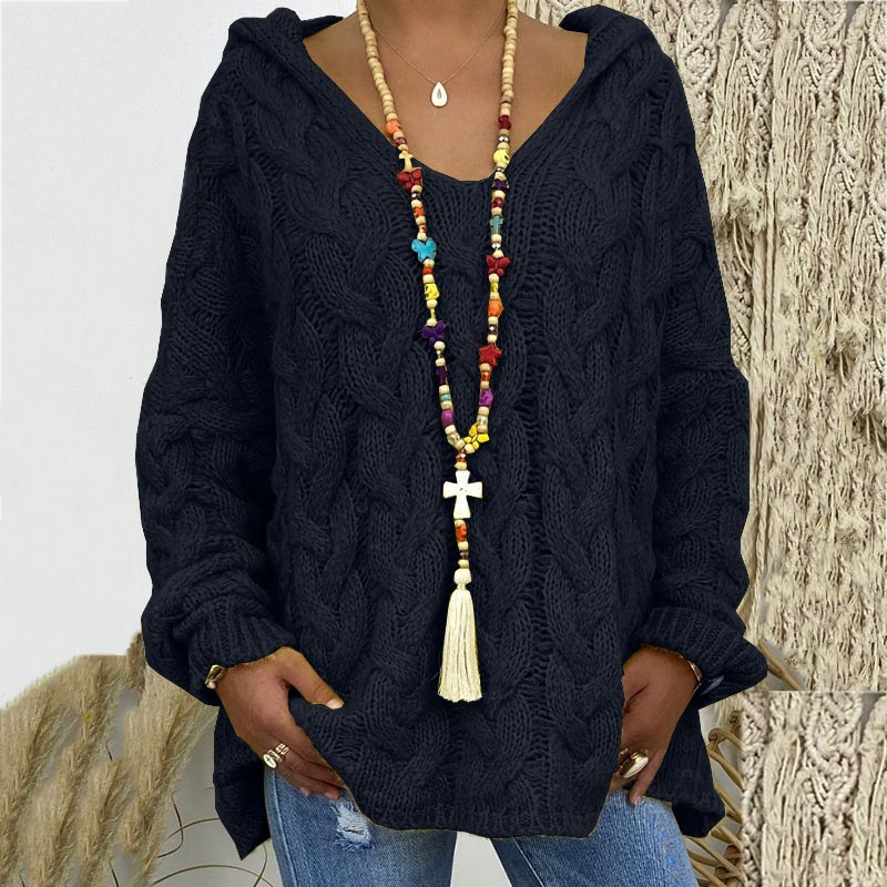 Pullover Damen grün lässig mit Kapuze und V-Ausschnitt - 2 - Atelier-Zofia