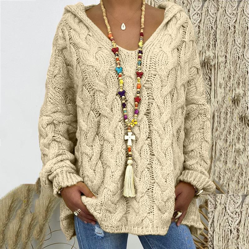 Pullover Damen grün lässig mit Kapuze und V-Ausschnitt - 3 - Atelier-Zofia