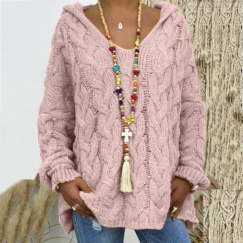 Pullover Damen grün lässig mit Kapuze und V-Ausschnitt - 4 - Atelier-Zofia