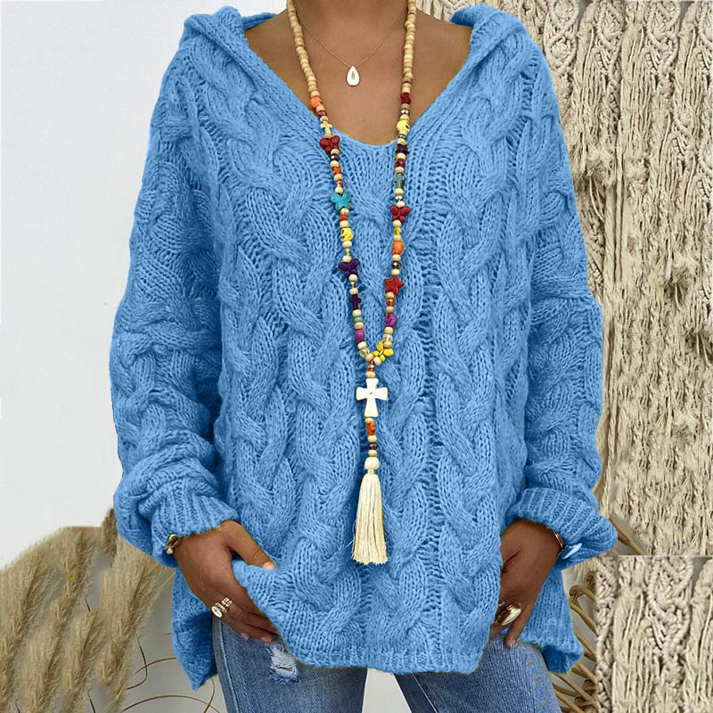 Pullover Damen grün lässig mit Kapuze und V-Ausschnitt - 5 - Atelier-Zofia