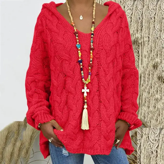 Pullover Damen grün lässig mit Kapuze und V-Ausschnitt - 7 - Atelier-Zofia