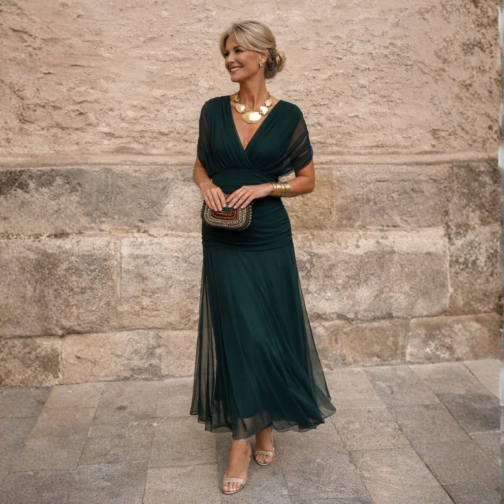 Maxikleid Damen grün figurbetont mit V-Ausschnitt und kurzen Ärmeln - 1 - Atelier-Zofia