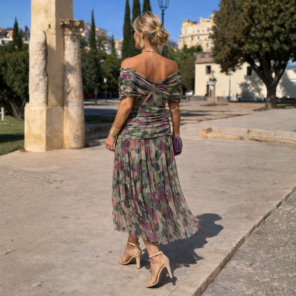 Maxikleid Damen grün figurbetont mit V-Ausschnitt und kurzen Ärmeln - 6 - Atelier-Zofia