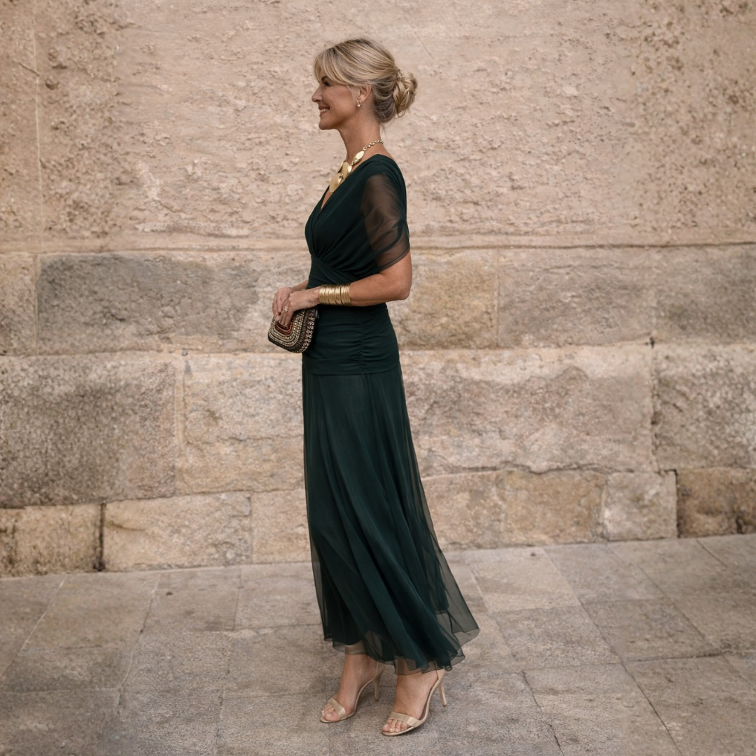 Maxikleid Damen grün figurbetont mit V-Ausschnitt und kurzen Ärmeln - 9 - Atelier-Zofia