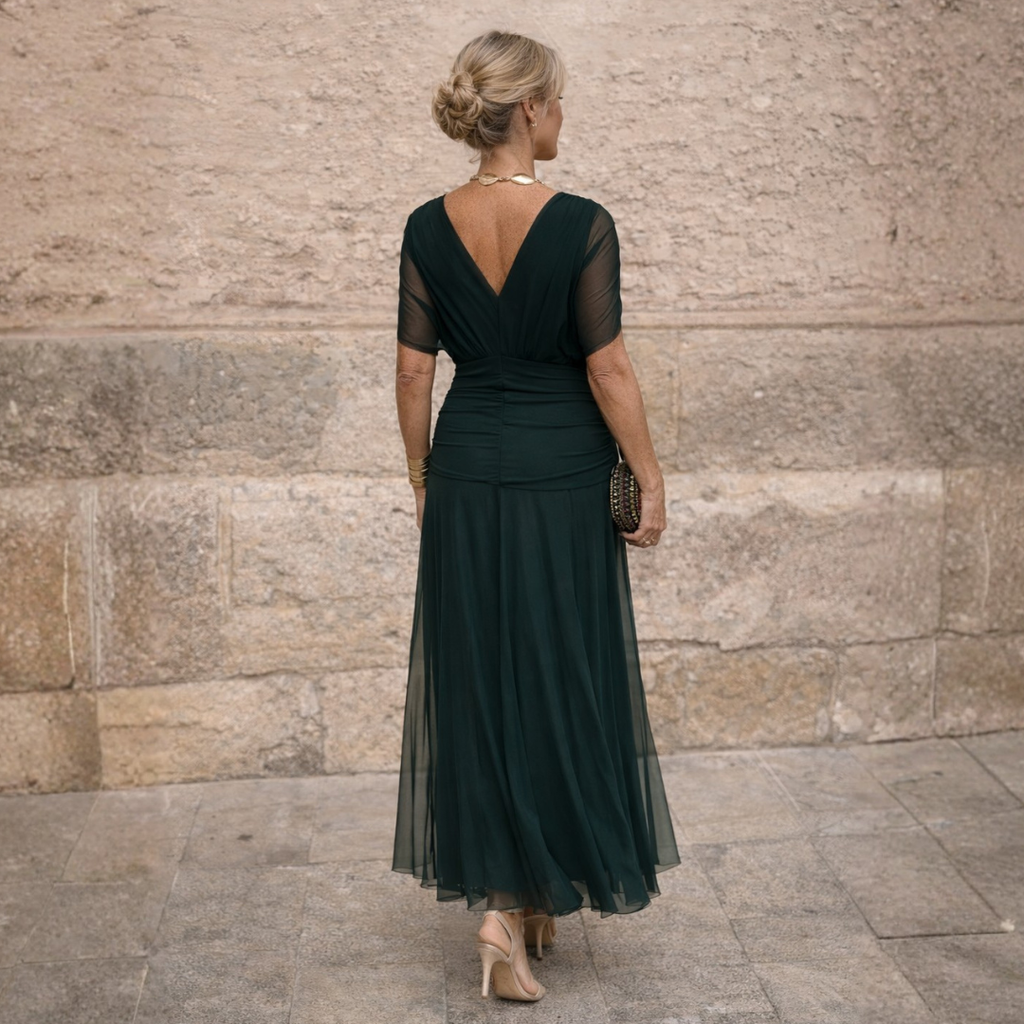 Maxikleid Damen grün figurbetont mit V-Ausschnitt und kurzen Ärmeln - 10 - Atelier-Zofia
