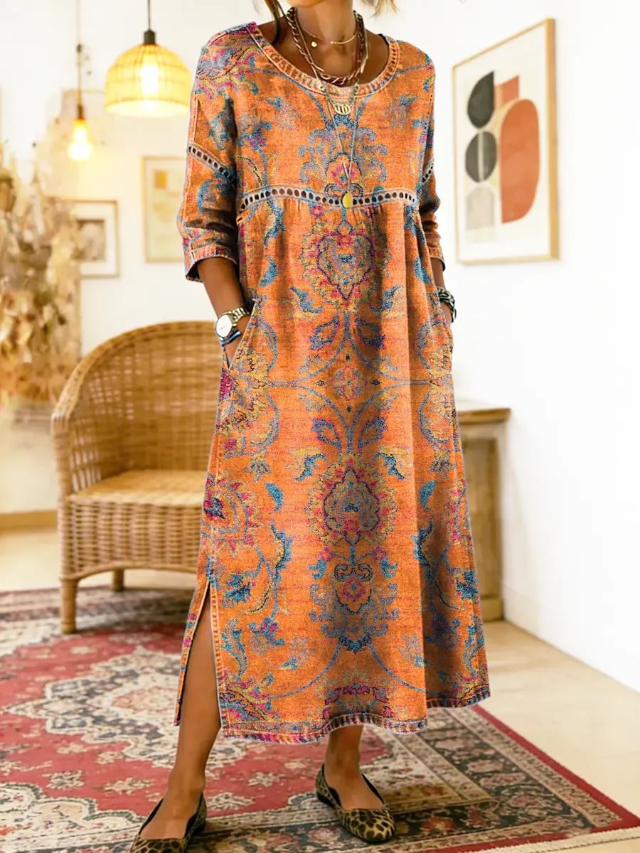 Maxikleid Damen orange weit mit Seitenschlitzen und Taschen - 1 - Atelier-Zofia
