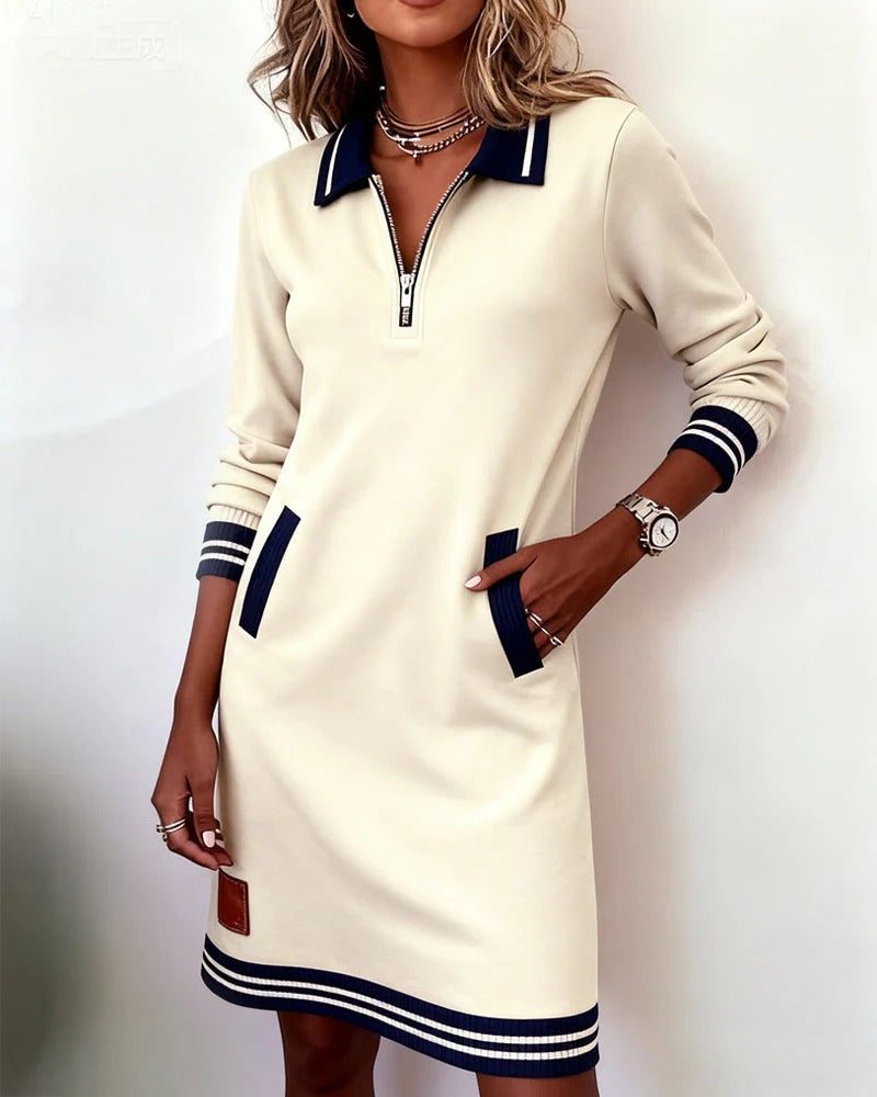 Kleid Damen beige figurbetont mit Reißverschluss und langen Ärmeln - 2 - Atelier-Zofia