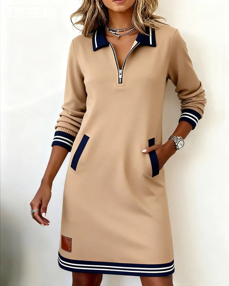 Kleid Damen beige figurbetont mit Reißverschluss und langen Ärmeln - 3 - Atelier-Zofia