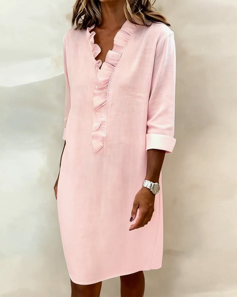 Kleid Damen rosa figurbetont mit V-Ausschnitt und Rüschen - 3 - Atelier-Zofia