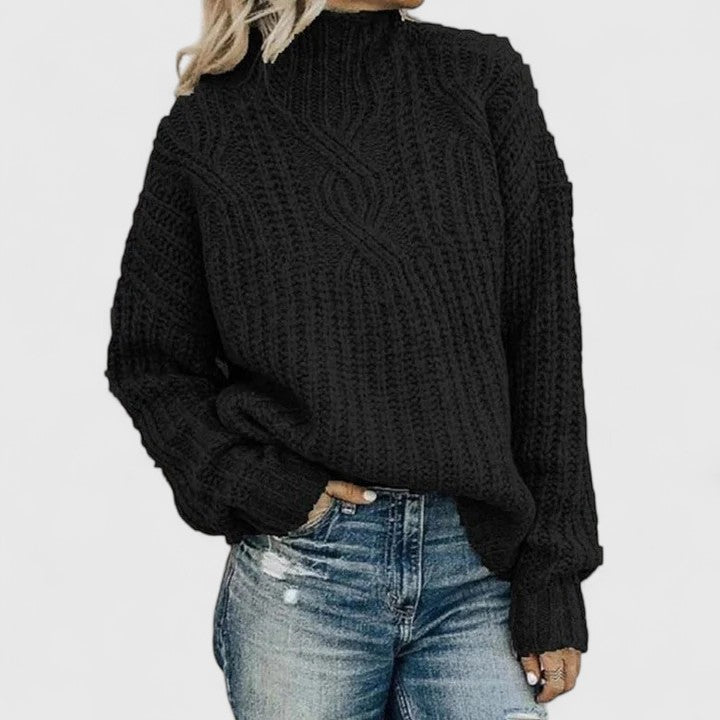 Pullover Damen schwarz oversize mit Stehkragen und Zopfstruktur - 3 - Atelier-Zofia