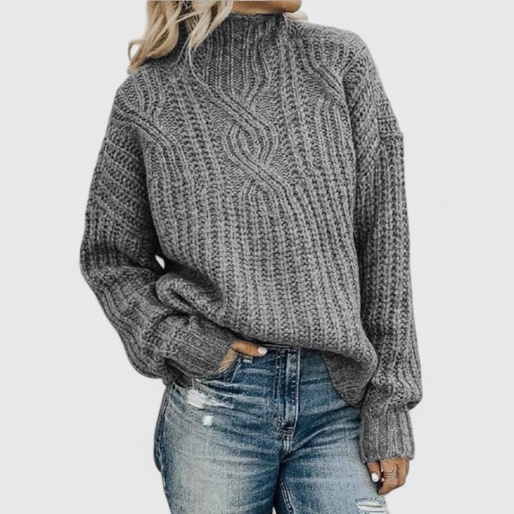Pullover Damen schwarz oversize mit Stehkragen und Zopfstruktur - 4 - Atelier-Zofia