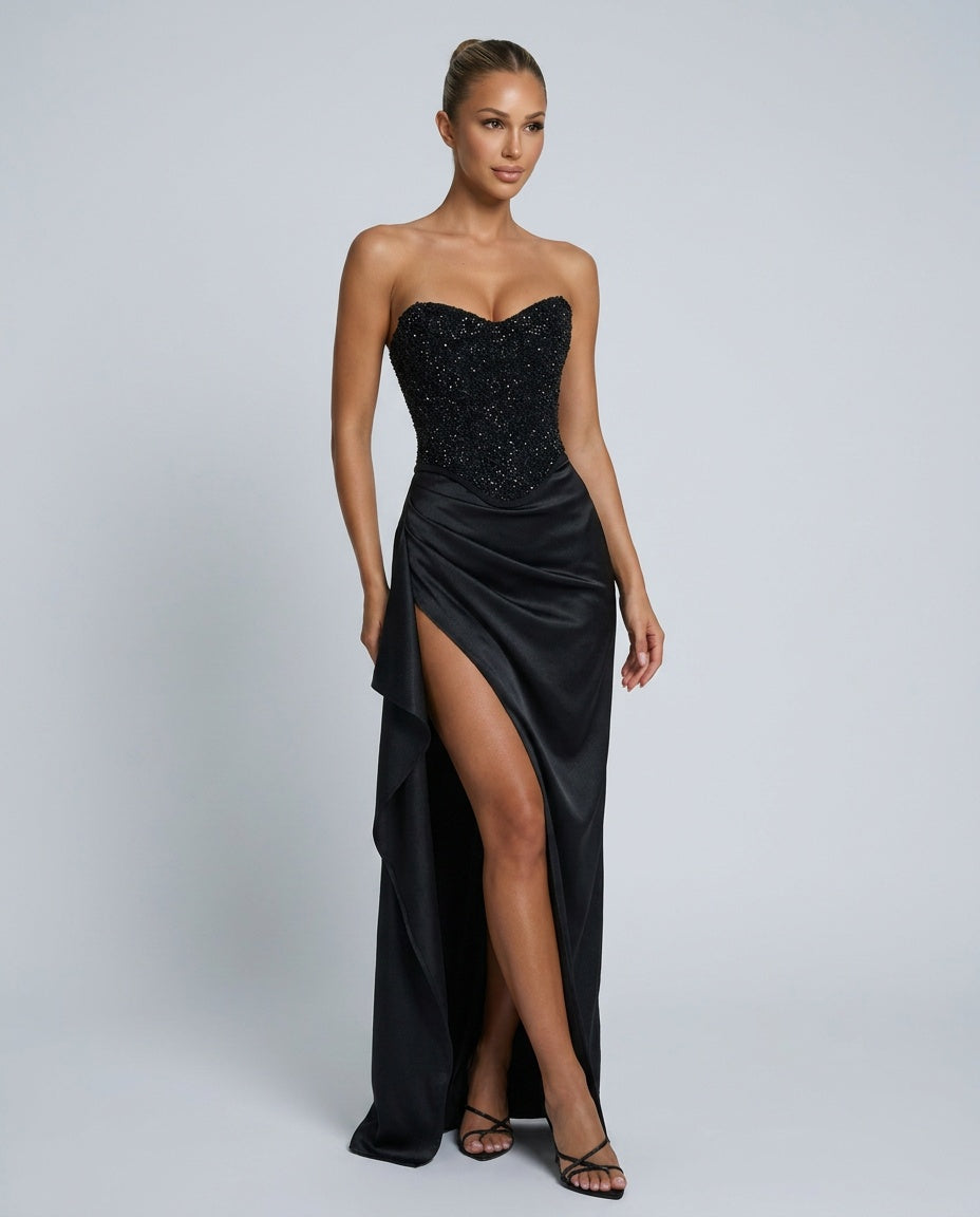 Maxikleid Damen schwarz figurbetont mit Corsagen-Oberteil - 1 - Atelier-Zofia