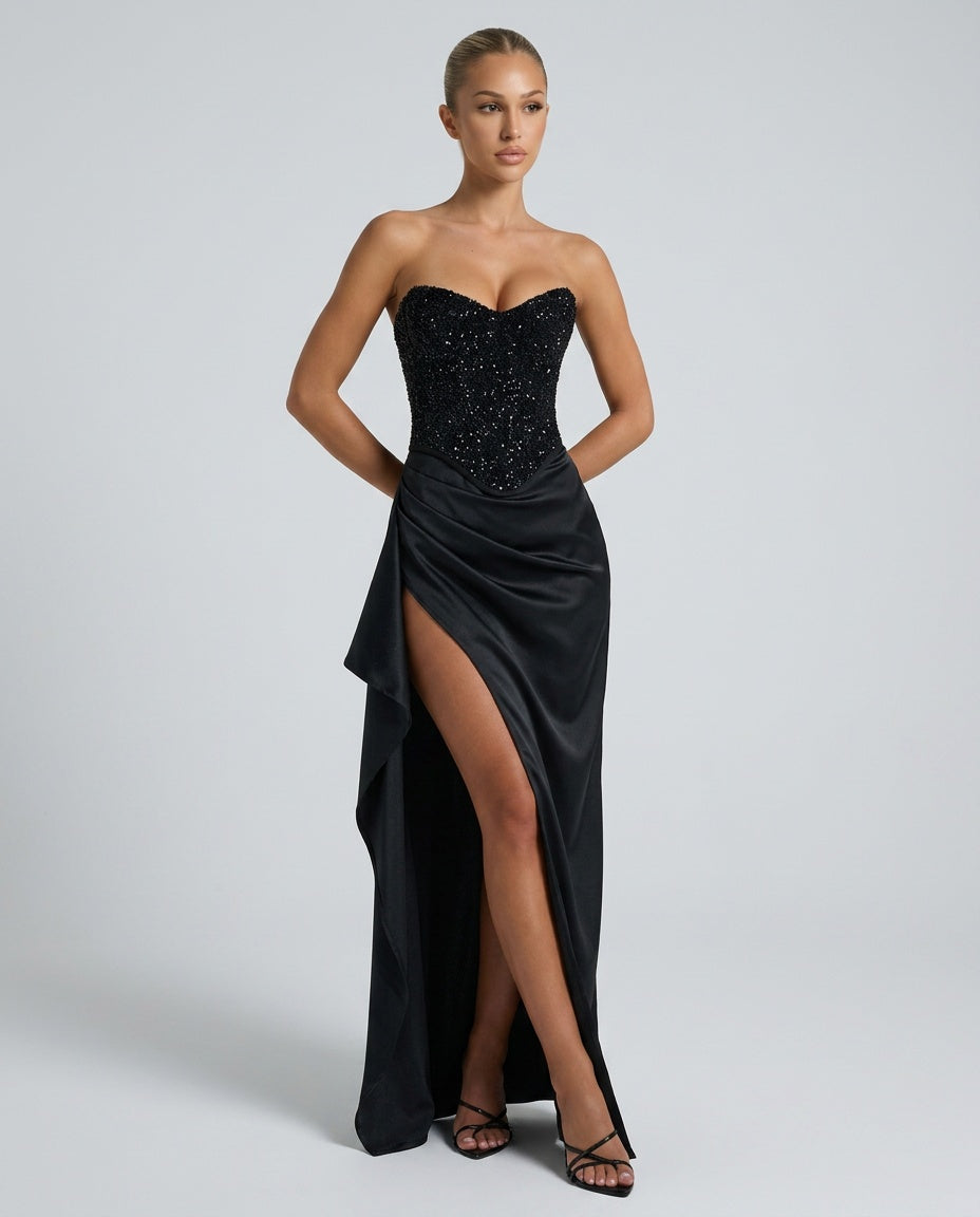 Maxikleid Damen schwarz figurbetont mit Corsagen-Oberteil - 3 - Atelier-Zofia