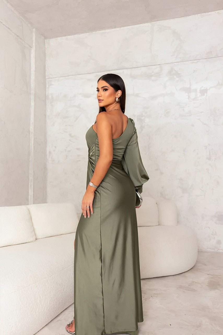 Maxikleid Damen grün figurbetont mit asymmetrischem Schnitt - 2 - Atelier-Zofia