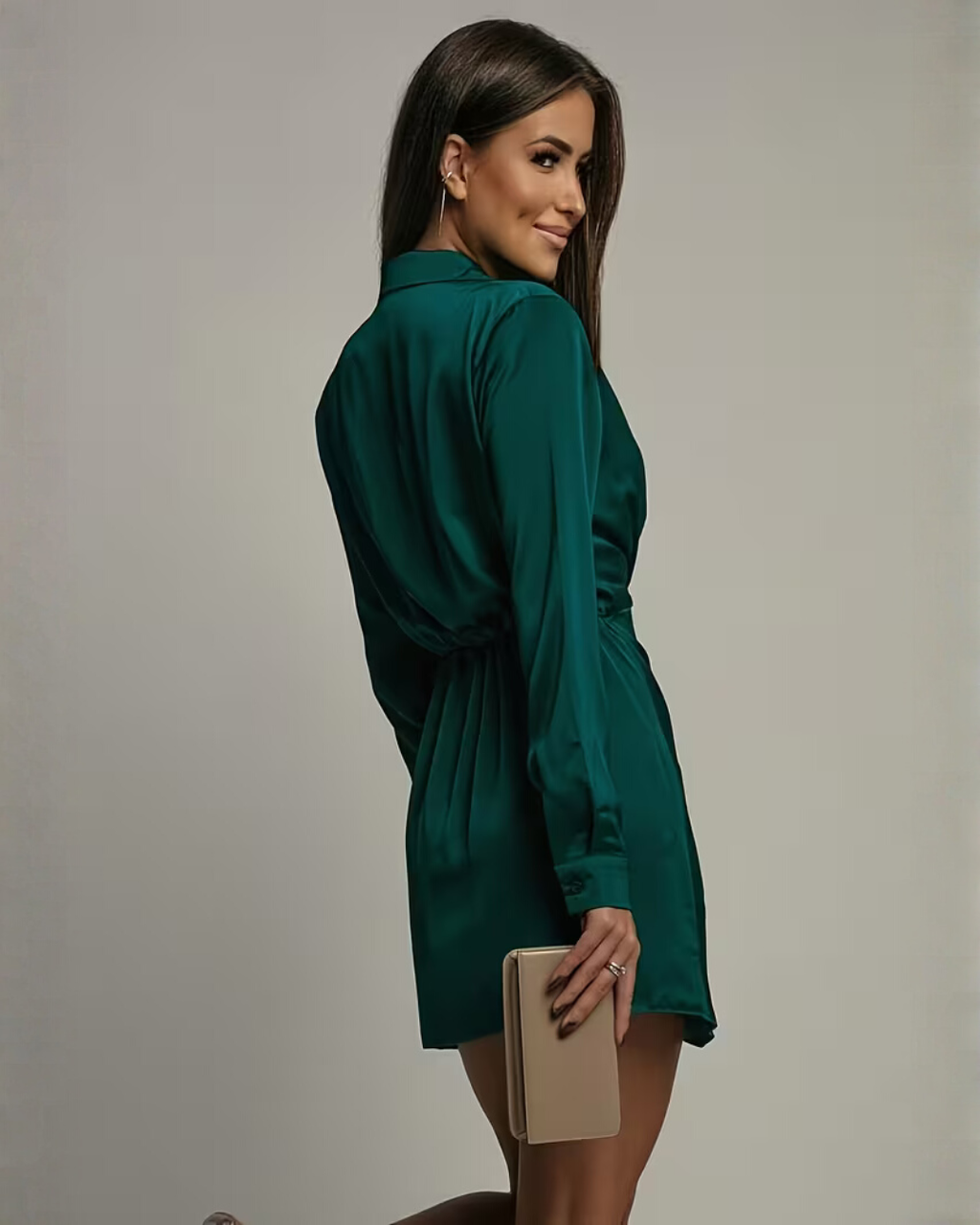 Kleid Damen schokoladenbraun figurbetont mit V-Ausschnitt und langen Ärmeln - 7 - Atelier-Zofia
