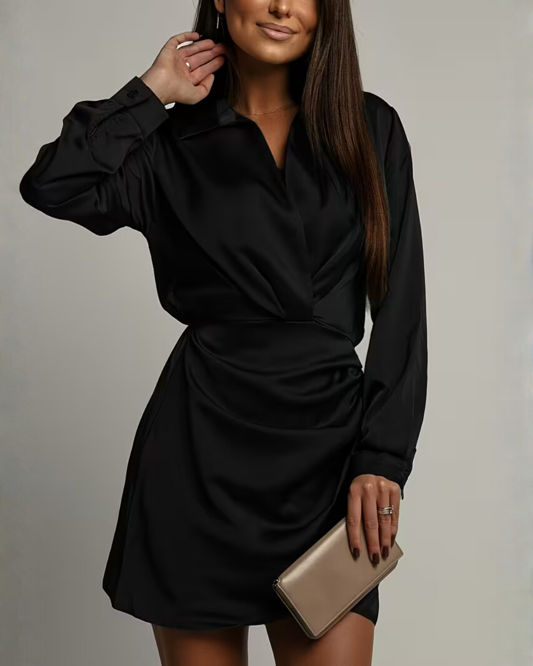 Kleid Damen schokoladenbraun figurbetont mit V-Ausschnitt und langen Ärmeln - 8 - Atelier-Zofia