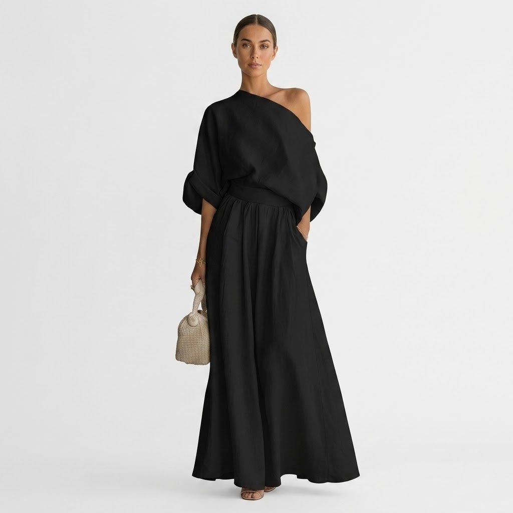 Maxikleid Damen schwarz figurbetont mit schulterfreiem Design - 1 - Atelier-Zofia