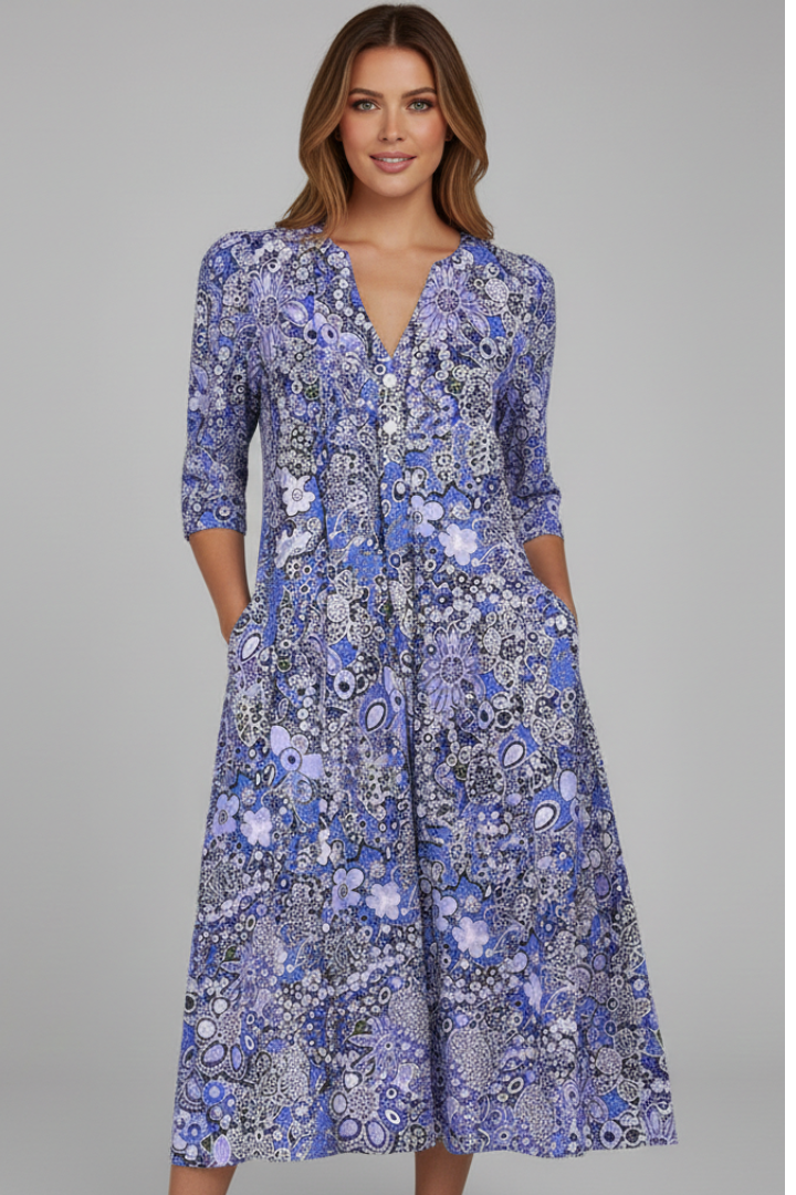 Maxikleid Damen blau figurbetont mit V-Ausschnitt und 3/4-Ärmeln - 2 - Atelier-Zofia