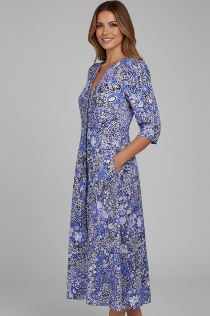 Maxikleid Damen blau figurbetont mit V-Ausschnitt und 3/4-Ärmeln - 5 - Atelier-Zofia
