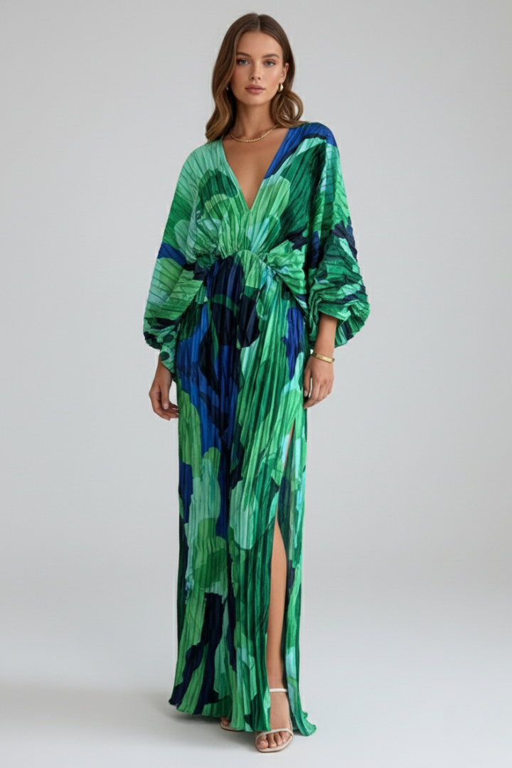 Maxikleid Damen grün figurbetont mit V-Ausschnitt und langen Ärmeln - 1 - Atelier-Zofia