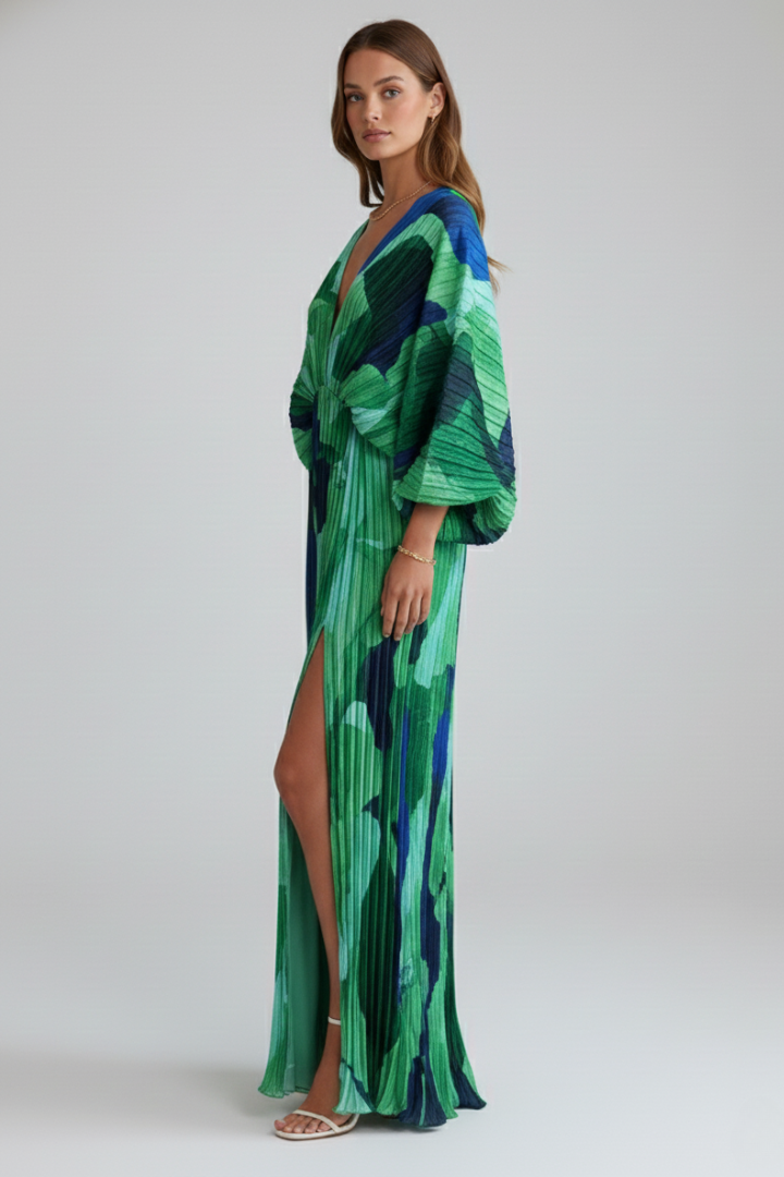 Maxikleid Damen grün figurbetont mit V-Ausschnitt und langen Ärmeln - 4 - Atelier-Zofia