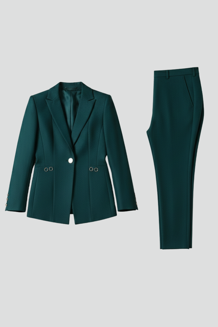 Outfit Damen grün tailliert mit Ein-Knopf-Blazer und geraden Hosen - 1 - Atelier-Zofia