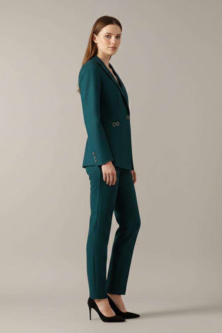 Outfit Damen grün tailliert mit Ein-Knopf-Blazer und geraden Hosen - 3 - Atelier-Zofia