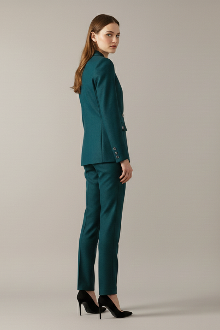 Outfit Damen grün tailliert mit Ein-Knopf-Blazer und geraden Hosen - 5 - Atelier-Zofia
