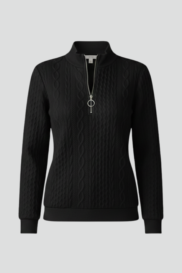 Pullover Damen schwarz tailliert mit Stehkragen und Reißverschluss - 1 - Atelier-Zofia