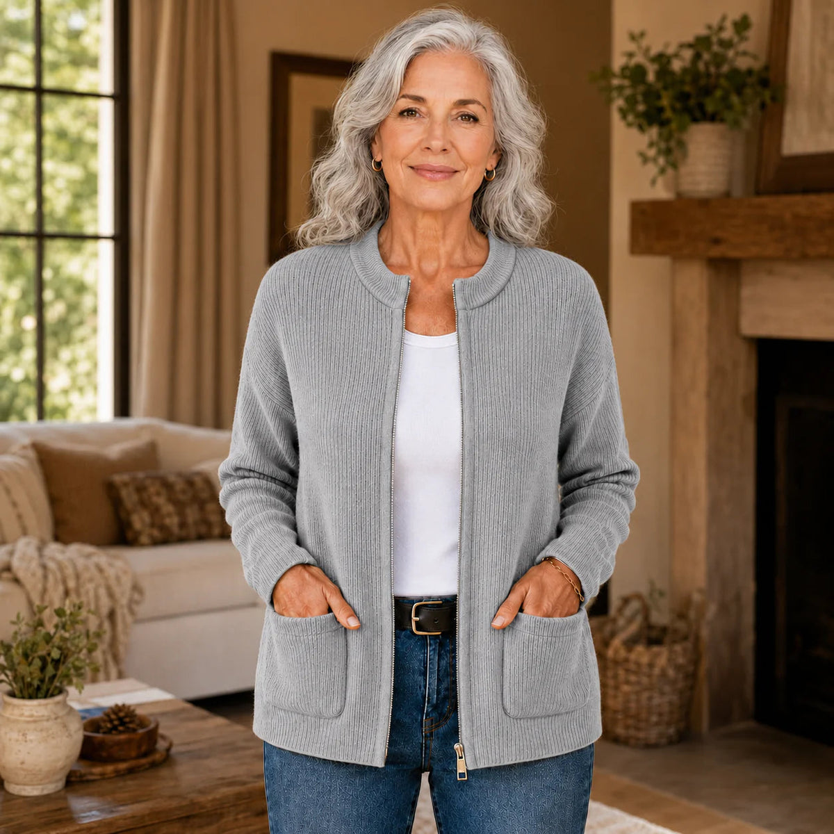 Cardigan Damen grau locker mit Stehkragen und Taschen - 1 - Atelier-Zofia