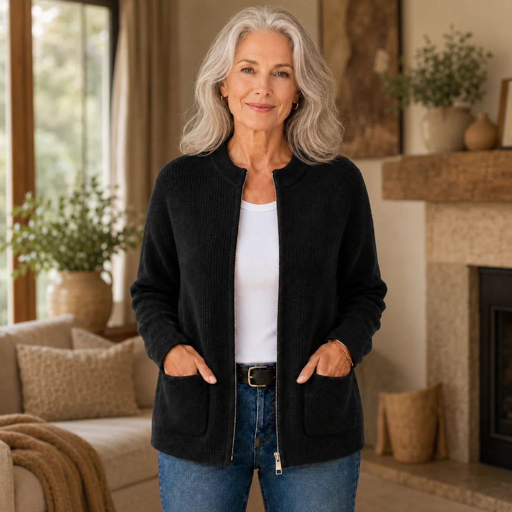 Cardigan Damen grau locker mit Stehkragen und Taschen - 2 - Atelier-Zofia