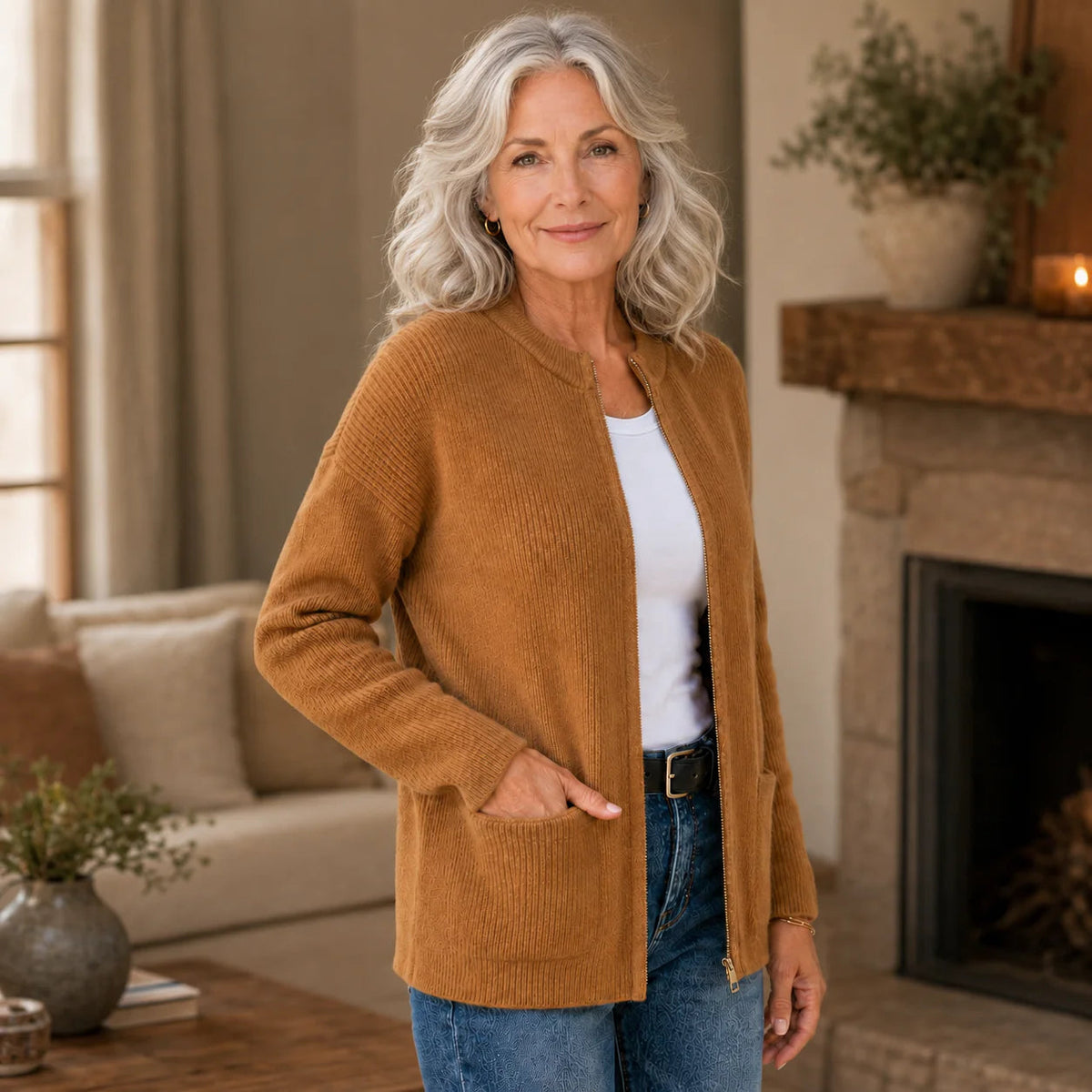 Cardigan Damen grau locker mit Stehkragen und Taschen - 3 - Atelier-Zofia