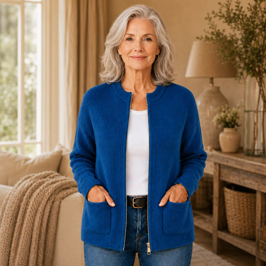 Cardigan Damen grau locker mit Stehkragen und Taschen - 4 - Atelier-Zofia