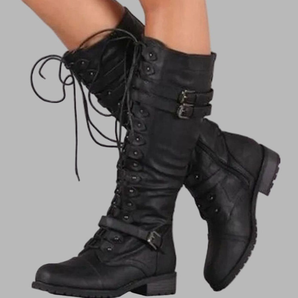 Schnürstiefel Damen schwarz kniehoch mit Doppelschnallen - 1 - Atelier-Zofia