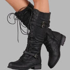 Schnürstiefel Damen schwarz kniehoch mit Doppelschnallen - 1 - Atelier-Zofia